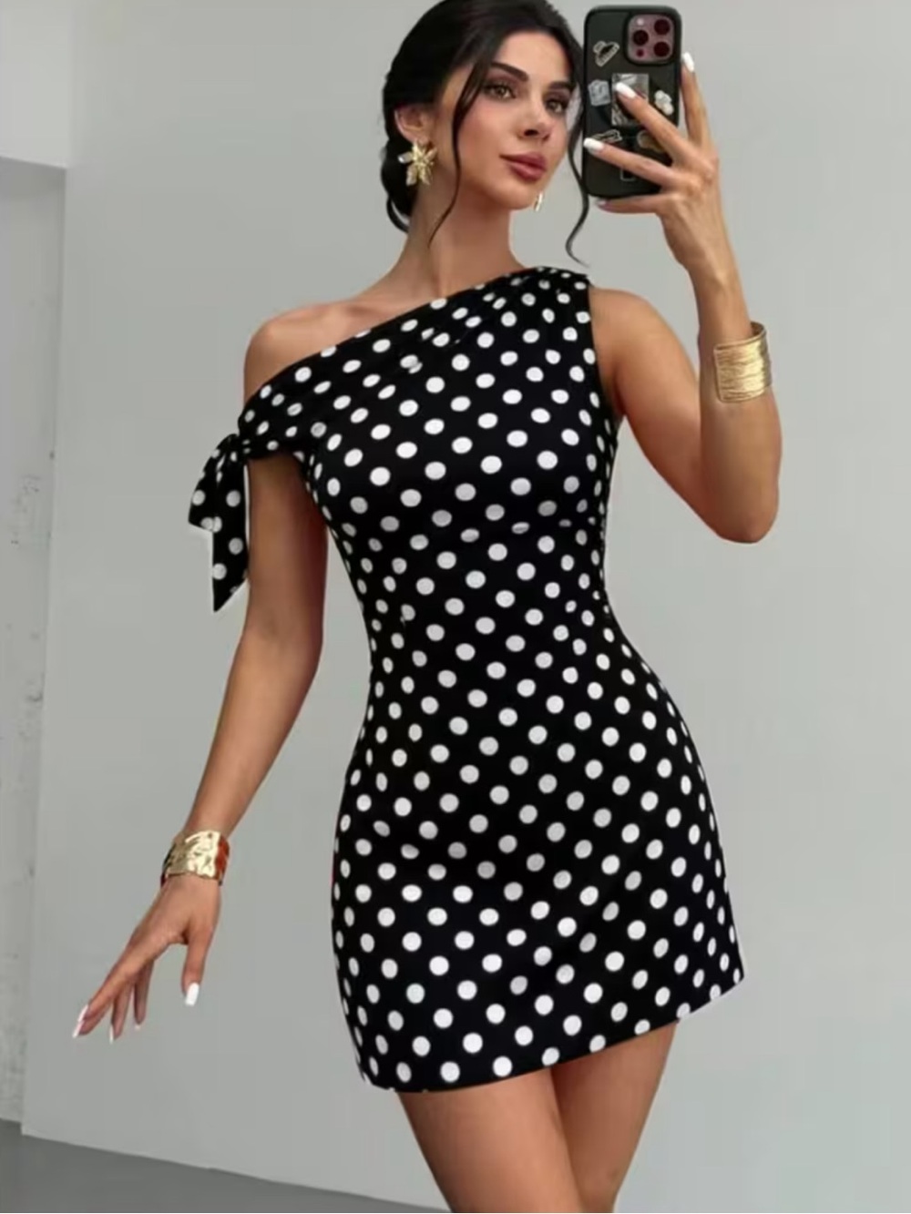 Classic One-Shoulder Black & White Polka Dot Mini Dress